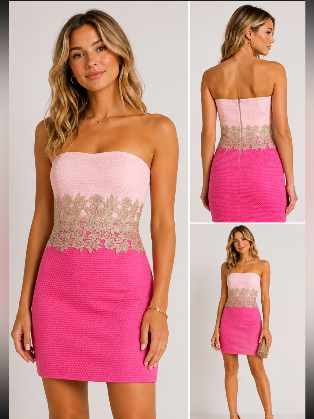 Lilly Pulitzer Strapless Pink Lace Floral Dress Women Pink Cocktail Party Dress